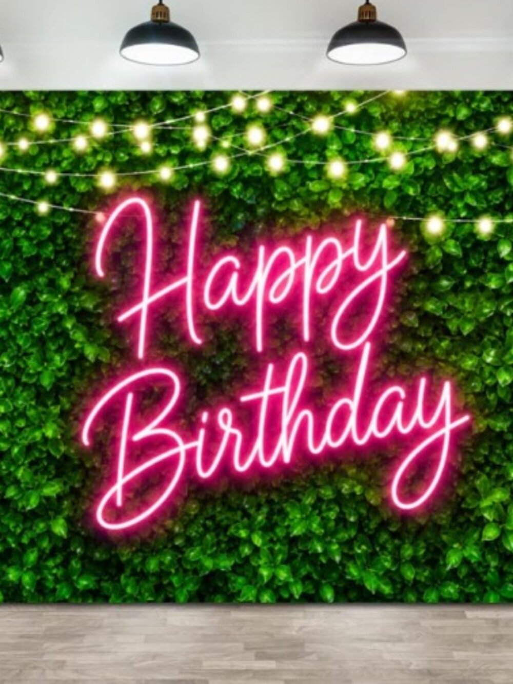 New: 5' x 7' Neon Pink Happy Birthday Banner with Ivy Backdrop